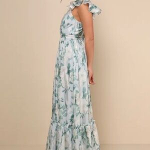 Lulus Soiree Perfection Light Blue Floral Ruffled Tiered Maxi Dress - Size M